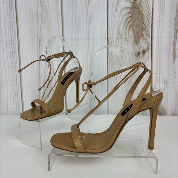 Aqua Shoes - Aqua Stilleto Heels Leather Dressy Slip On Ankle Tie Thong Sandals Beige Size 9